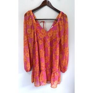 Big Water Blue Sky Pink Floral Chiffon Long Balloon Sleeve Mini Dress Sz M